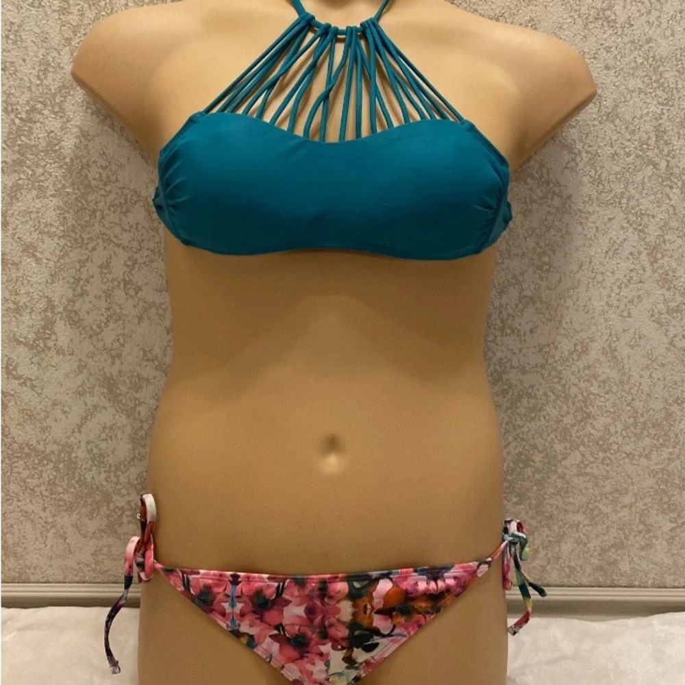 Xhilaration Teal Strappy Bikini with Floral Bottoms